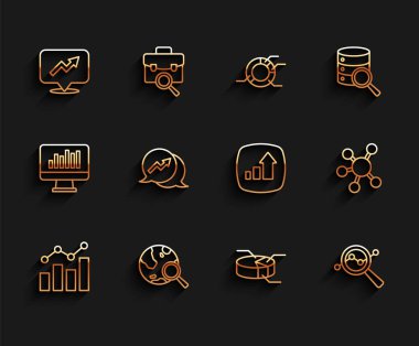 Finansal büyüme çizelgesini ayarla Arama Küresel Turta grafiği bilgi analiz projesi proje tabanı ve simgesi. Vektör.