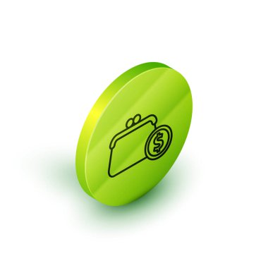 Beyaz arkaplanda izole edilmiş bozuk para simgesi olan Isometric çizgi cüzdanı. Çanta ikonu. Nakit tasarruf sembolü. Yeşil daire düğmesi. Vektör.