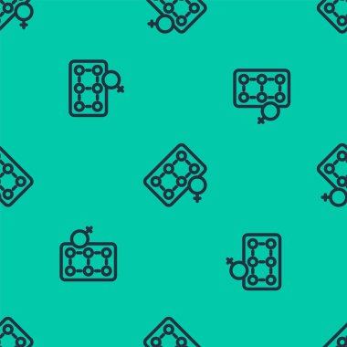 Doğum kontrol haplarının mavi çizgili ambalajı ikonu yeşil arka planda izole edilmiş kusursuz desen. Doğum kontrol hapı. Vektör.