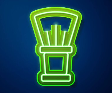 Parlayan neon hattı, mavi arkaplanda traş fırçası simgesi izole edildi. Berber dükkanı sembolü. Vektör.