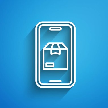 Uygulama dağıtım ikonuna sahip beyaz çizgi mobil akıllı telefon mavi arkaplanda izole edildi. Paket takibi. Uzun gölge. Vektör.