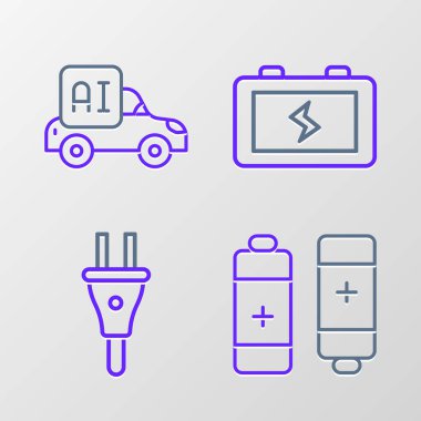 Batarya Elektrik prizi ve otonom akıllı araba simgesi ayarla. Vektör.