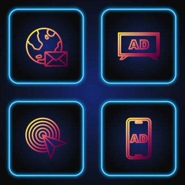 Satır Reklamcılığı, Hedef, Posta ile Dünya küresi ve Renk simgeleri. Vektör.