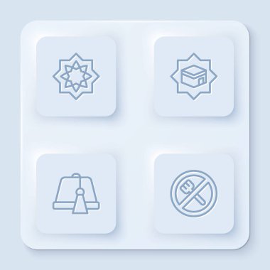 Sekizgen yıldız, Kabe camisi, Türk şapkası ve Ramazan orucu. Beyaz kare düğme. Vektör.