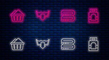 Hat yıkama modları, havlu yığını sabun köpüklü leğen ve deterjan. Tuğla duvarda parlayan neon simgesi. Vektör.