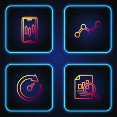 Grafik grafiksel hız ölçer Mobil hisse senedi ticareti ve Graph bilgisine sahip satır belgesini ayarla. Renk simgeleri. Vektör.