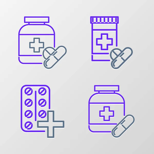 Állítsa Gyógyszer Palack Tabletták Pills Buborékcsomagolás Ikon Vektor — Stock Vector