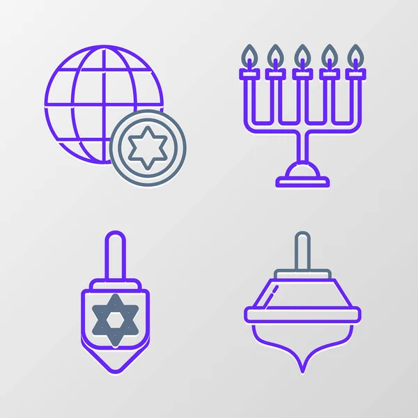 Establecer Línea Hanukkah Dreidel Menorah World Globe Israel Icono Vector — Vector de stock