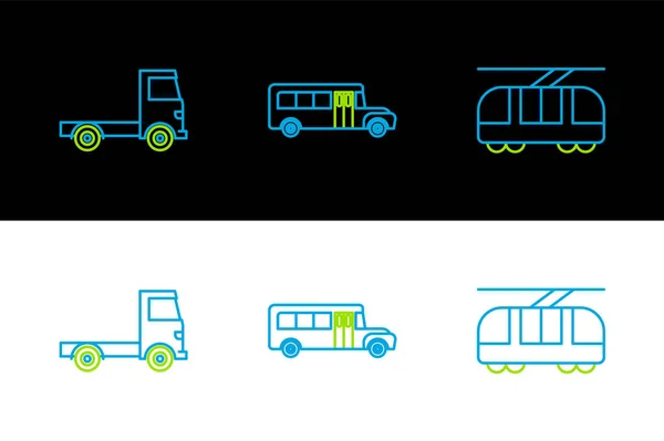 Ustaw Linii Tramwajowej Kolejowej Dostawa Pojazdu Ciężarowego Ikony Autobusu Szkolnego — Wektor stockowy