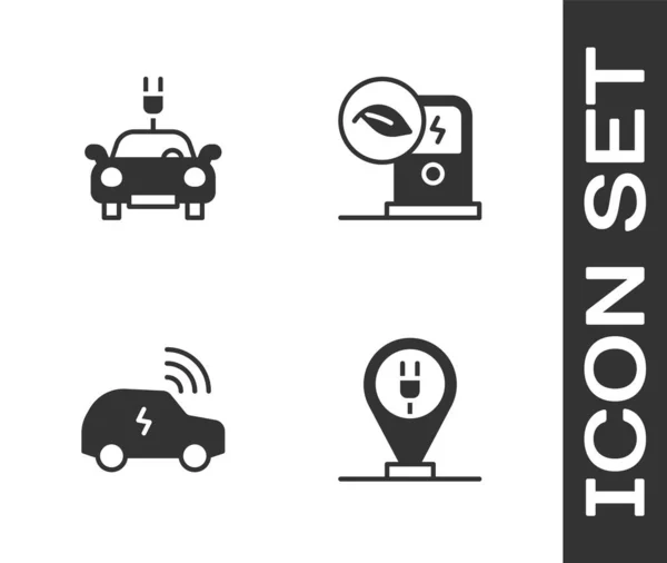 Zestaw Ładowanie Parkingu Samochód Elektryczny Inteligentny System Ikona Stacji Ładowania — Wektor stockowy