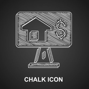 Tarayıcı simgesindeki Chalk Online emlak evi siyah arkaplanda izole edildi. Ev kredisi konsepti, kira, satın alma, mülk alma. Vektör