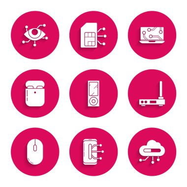 Set Müzik çalar, Akıllı Telefon, Cep Telefonu, İnternet, Router ve Wi-Fi sinyali, Bilgisayar faresi, Hava Kulaklığı kutusu, Laptop ve Sanal gerçeklik simgesi. Vektör