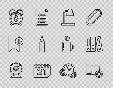Satır web kamerası, Dizin ayarları, Masa lambası, Takvim, Alarm saati dolar sembolü, Kalem, Zaman Yönetimi ve Ofis klasörleri belgeleri ve belge simgesi. Vektör