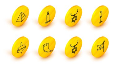 İsrail bayrağı, zincirli Star David kolyesi geleneksel koç boynuzu, Shofar, Hanuka dreidel, Yahudi kadehi, yanan mum şamdanı ve Mısır piramit ikonu. Vektör