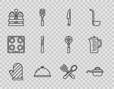 Fırın eldiveni, kızartma tavası, bıçak tepsi, tuz ve biber, çapraz çatal kaşık ve çaydanlık ikonu ile kaplanmış. Vektör