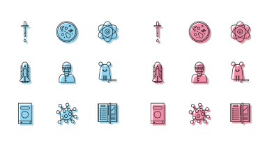 Satır Defteri, Bakteri, Pipette, Not Defteri, Asistan, Fare, Uzay mekiği, roketler ve ikon. Vektör