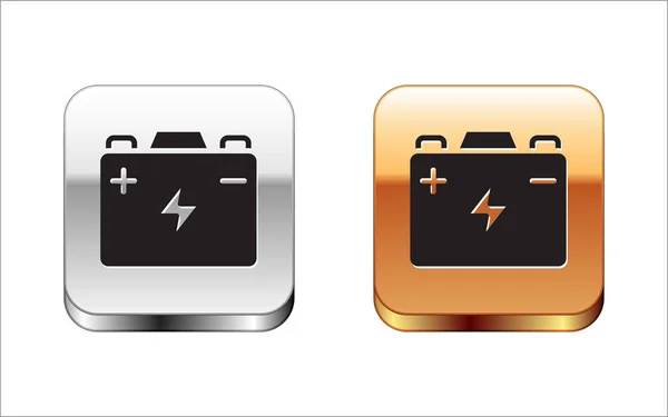黑车电池图标隔离在白色背景上 蓄电池的能量 动力和蓄电池 银和金正方形按钮 — 图库矢量图片