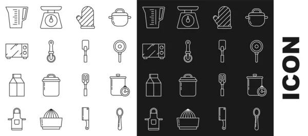 采购产品设置线勺子 炊具壶和厨房计时器 烤箱手套 比萨刀 微波炉 量杯和斯帕图拉图标 — 图库矢量图片