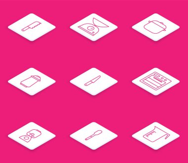 Ekmek bıçağı, pullar, pişirme kabı, tuz ve biber, bıçak, fırın, blender ve kaşık ikonu. Vektör