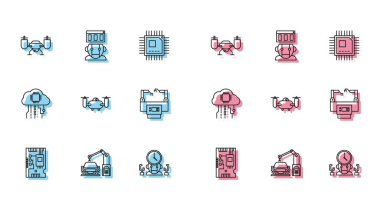 Elektronik bilgisayar bileşenleri ana kart dijital çipi, İHA 'nın aksiyon kamerasıyla uçuşu, robot zaman yöneticisi, montaj hattı, internet ve simge. Vektör