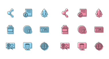 Dolar, Çevrimiçi alışveriş konsepti, Paylaşım, Hedef, sembol, ticari marka, Alış veriş mağazası ve kağıt kontrolü ve mali kontrol ikonu ile hattı ayarla. Vektör