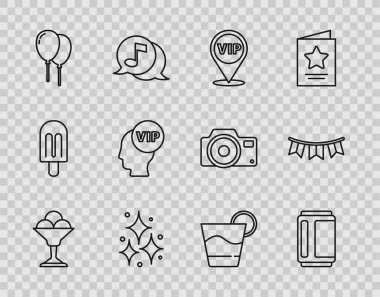 Dondurmayı kaseye koy, bira kutusu, konum Vip, havai fişek, kurdeleli balonlar, kafanın içi, kokteyl ve karnaval çelengi ikonu. Vektör