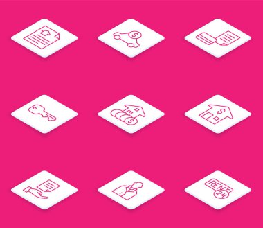 Ev sözleşmesi, araba kiralama, kredi kartı, anahtar, dolar ve emlakçı ikonu. Vektör