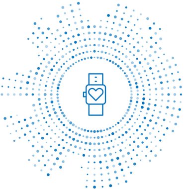 Mavi çizgi Akıllı saat beyaz arkaplanda kalp atış hızı simgesini gösteriyor. Fitness uygulaması konsepti. Soyut çember rastgele noktalar. Vektör.