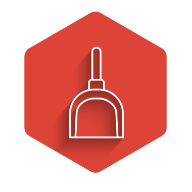 Beyaz çizgi faraş simgesi uzun gölgeli izole edilmiş. Temizlik işleri. Kırmızı altıgen düğmesi. Vektör.