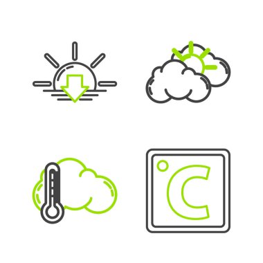 Hat Celsius, Termometre ve Bulut, Güneş hava durumu ve Günbatımı simgesi. Vektör