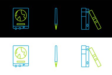 Ofis dosyalarını kağıtlar ve belgeler, dünya haritasını okul tahtasına ve kalem simgesine yerleştir. Vektör