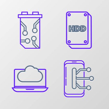 Hat Smartphone, cep telefonu, Bulut teknolojisi veri transferi ve depolama, sabit disk sürücüsü HDD ve Video grafik kartı simgesi. Vektör