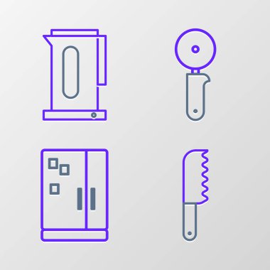 Ekmek bıçağı, buzdolabı, pizza ve ikonlu çaydanlık. Vektör