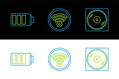 Hat Vinil diski, pil şarj seviyesi göstergesi ve kablosuz internet ağ simgesi ayarla. Vektör