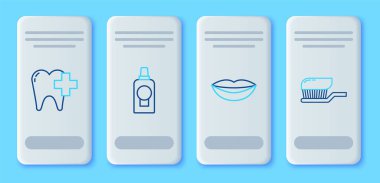 Ağız gargarası plastik şişesi, gülen dudaklar diş bakımı için diş sağlığı kliniği ve diş macunu ikonlu diş fırçası. Vektör