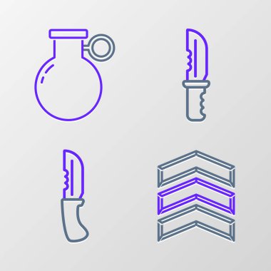 Askeri rütbe, bıçak ve el bombası ikonu ayarlayın. Vektör