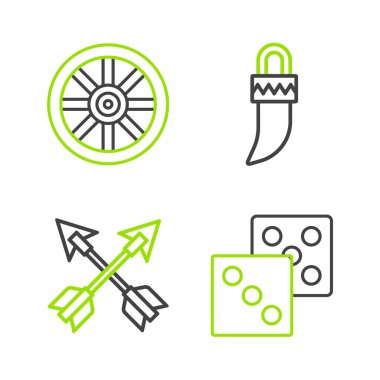 Çizgi oyunu zarları, çapraz oklar, diş ve eski tahta tekerlek simgesi. Vektör