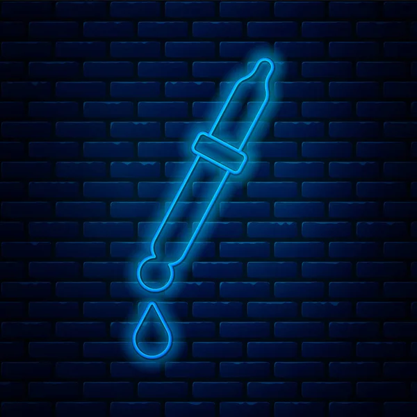 stock vector Glowing neon line Pipette icon isolated on brick wall background. Element of medical, chemistry lab equipment. Pipette with drop. Medicine symbol.  Vector