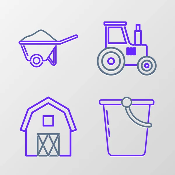 Set Line Bucket Farm House Concept Tractor Wheelbarrow Con Icono — Vector de stock