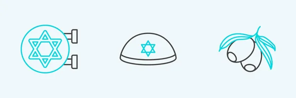 Ställ Linje Oliv Gren Judisk Synagoga Och Kippah Ikon Vektor — Stock vektor