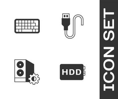 Sabit disk sürücüsü HDD, Klavye, Bilgisayar Kutusu ve USB kablo ikonu ayarla. Vektör