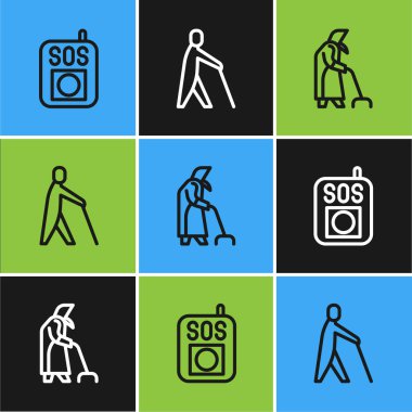 Hattı ayarla, SOS düğmesine bas, büyükanne ve kör insan çubuğu ikonu. Vektör