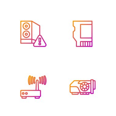 Görüntü kartı, Router ve wi-fi sinyali, bilgisayar ve SD dosyalarını ayarla. Renk simgeleri. Vektör