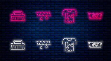 Çizgi sıkma kıyafetleri, kirli tişörtler, temizlik ve sıcaklık temizliği için fırça. Tuğla duvarda parlayan neon simgesi. Vektör