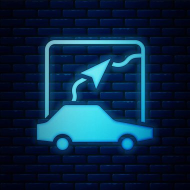 Şehir haritası navigasyon simgesinin parlayan neon bilgisi tuğla duvar arka planında izole edildi. Mobil Uygulama Arayüzü tasarımı. Coğrafi konsept. Vektör