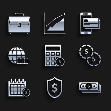 Hesap makinesini dolar sembolü, Kalkan, kağıt para, madeni para, para, mali takvim, pil şarj seviyesi göstergesi dünya küresi, cep telefonu, kredi kartı ve evrak çantası simgesi ile ayarla. Vektör