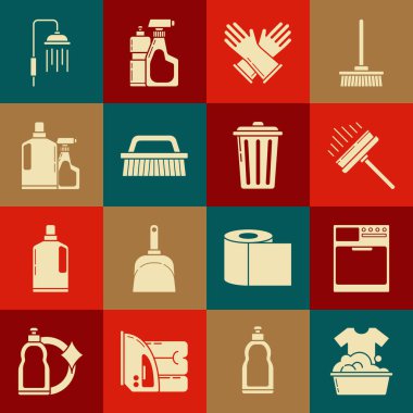 Sabun köpüklü plastik leğen, çamaşır makinesi, silecek, lastik eldiven, temizlik fırçası, sıvı bulaşık deterjanı, duş başlığı damlası ve çöp tenekesi ikonu. Vektör