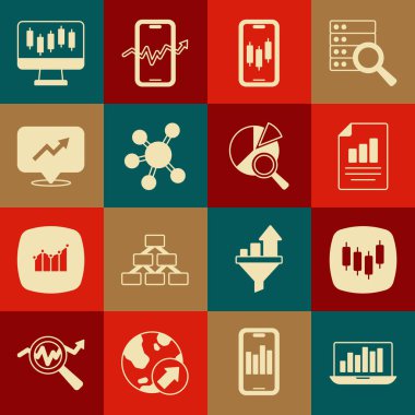 Dizüstü bilgisayarı grafik şeması, Tarayıcı hisse senedi pazarı, Belge, Mobil ticaret, Proje ekibi tabanı, Finansal büyüme, Stock grafikleri ve Arama veri analiz ikonu ile ayarla. Vektör