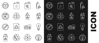 Geri dönüşüm hattını ve ampulü yıldırım sembolü, Işık, çöp geri dönüşümü, biyo yakıt kutusu, pil ve ikon ile ayarla. Vektör