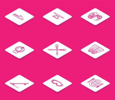 Jet ski, planör, bisiklet numarası, Aqualung, çapraz raket, yüzmek için lastik palet, kaykay ve kayak gözlüğü ikonu. Vektör